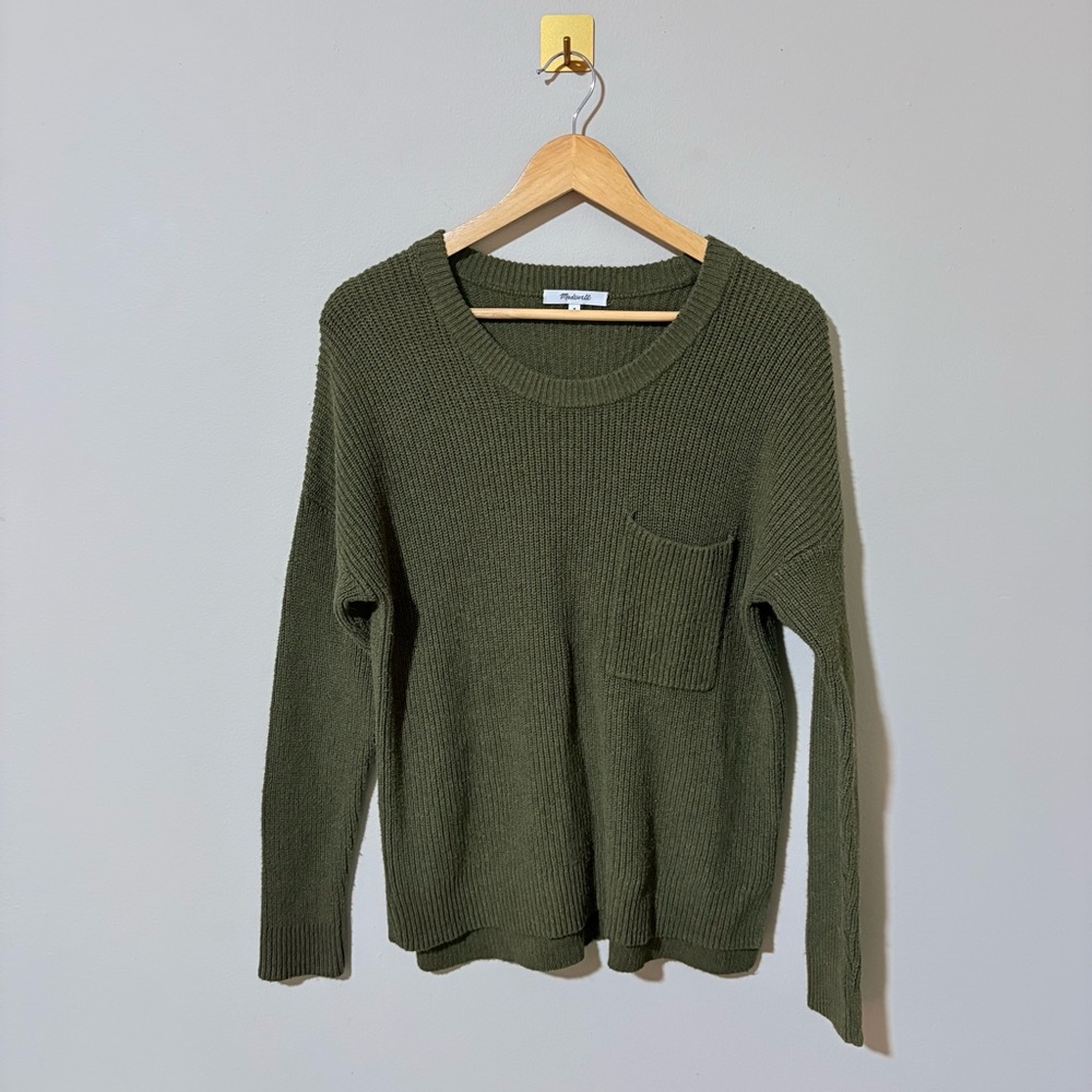 Medium Madewell Heather Elm‎ Army Green Thompson Pocket Pullover Sweater